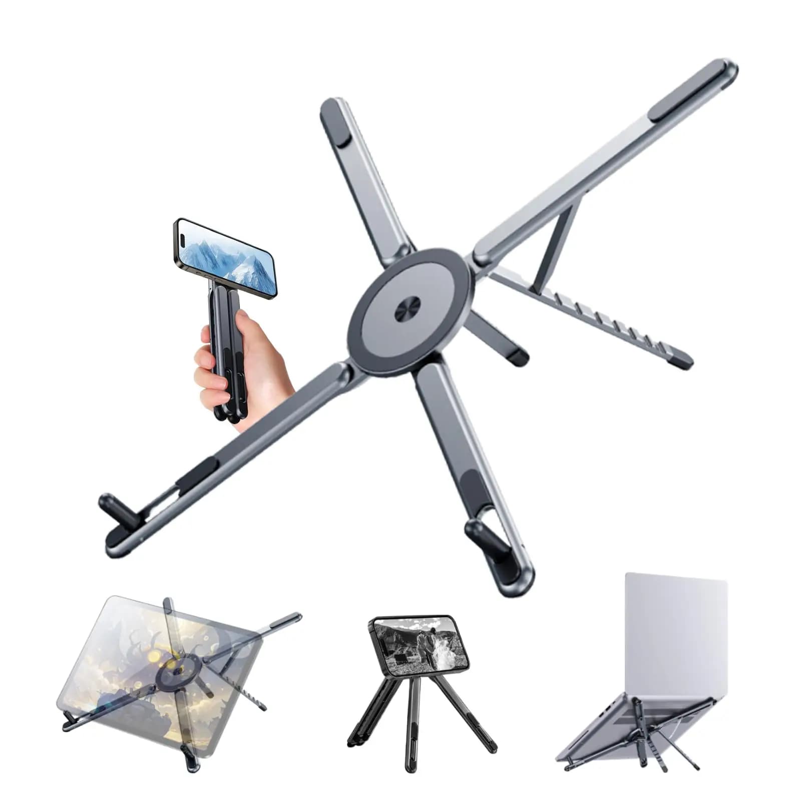 3-in-1 Magnetic Stand for Laptop Tablet Phone Foldable Aluminum Alloy Desktop Travel Holder Portable Travel Design