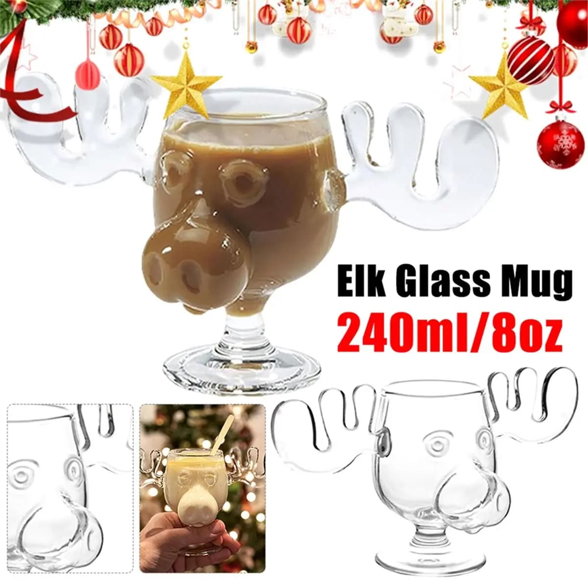 (ABAB) Set di 4 Bicchieri Natalizi a Forma di Renna, 240ml, per Vino, Birra, Acqua, Succo, Latte, Decorazioni Natalizie