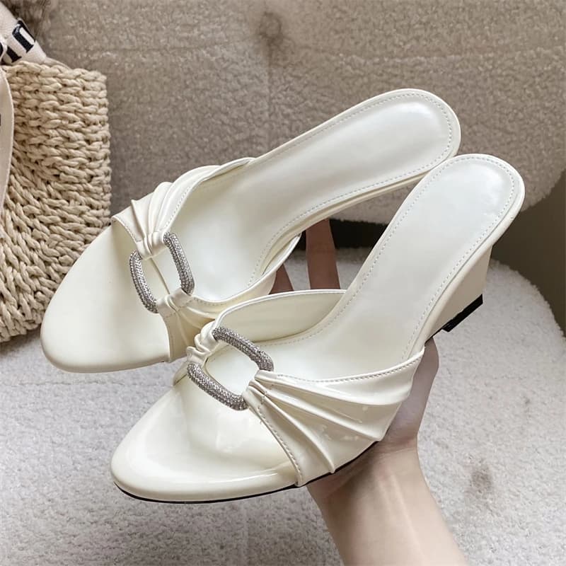 Eilyken CRYSTAL Square Buckle Pleated Patent Leather Women Slippers Summer Fashion Wedges High Heels Banquet Shoes