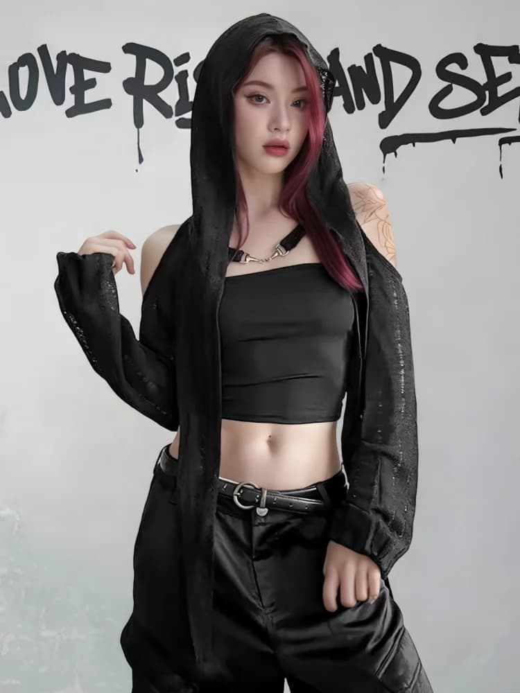T-shirt a maniche lunghe con spalle scoperte per donna Estate Streetwear Top corti Punk Grunge T-shirt con cappuccio scavata Capispalla