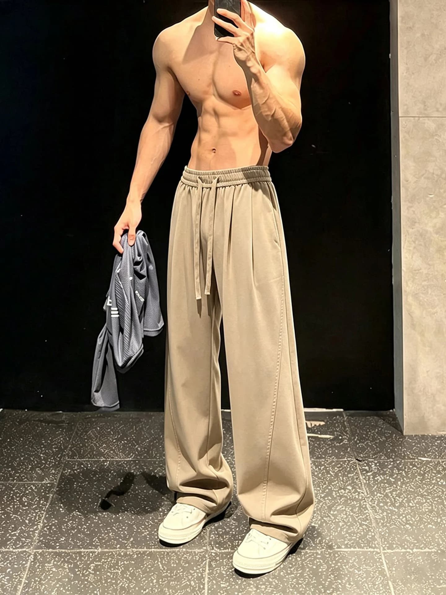 Khaki Fitness Pants Men's Summer Thin Ice Silk Quick Dry Sports Straight Legging Trousers Casual Loose Fit Straight Cut Pants