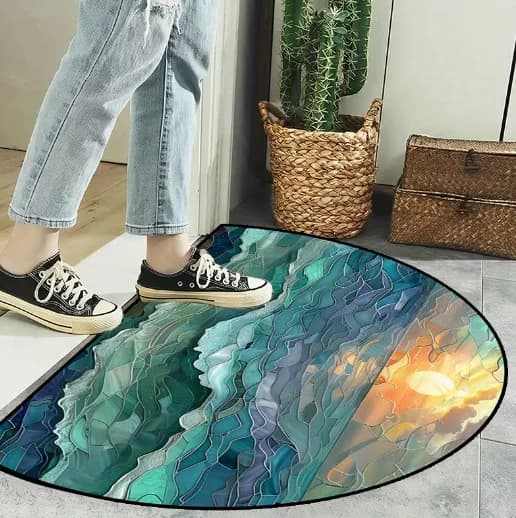 Tappeto Semicircolare Antiscivolo con Onde Turchesi e Blu-verdi, Morbido Tappeto per Interni ed Esterni, Tappetini Semicircolari per Ingresso
