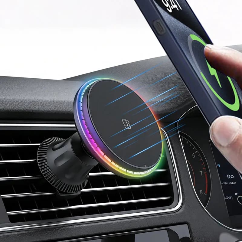 Magnetic Wireless Car Charger with RGB/LED Light, Quick Charging, Air Mouth Support for iPhone 17 16 15 14 13 12 Pro Max, Cellular Support
