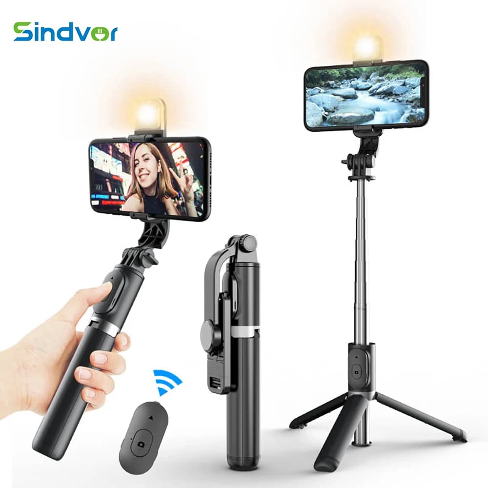 Treppiede telescopico portatile per Selfie Stick con luce di riempimento otturatore remoto Bluetooth senza fili supporto per telefono pieghevole per Huawei iPhone