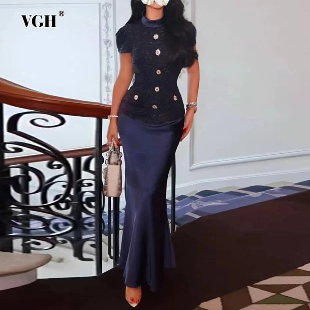 VGH Temperamento Set da due pezzi per donna Colletto alla coreana Manica corta Bottoni impiombati Top Vita alta Gonne lunghe Set chic Donna Nuovo