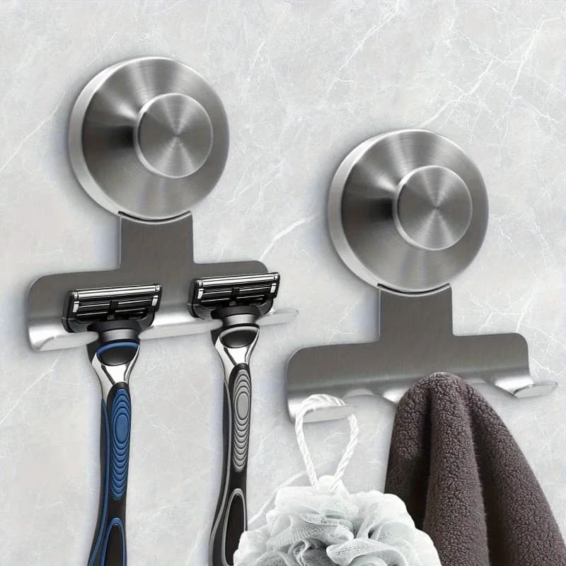 1PC Heavy-Duty Stainless Steel Suction Cup Razor Holder for Shower, Stainless Steel Bathroom Wall Mount Utility Removable Hook.