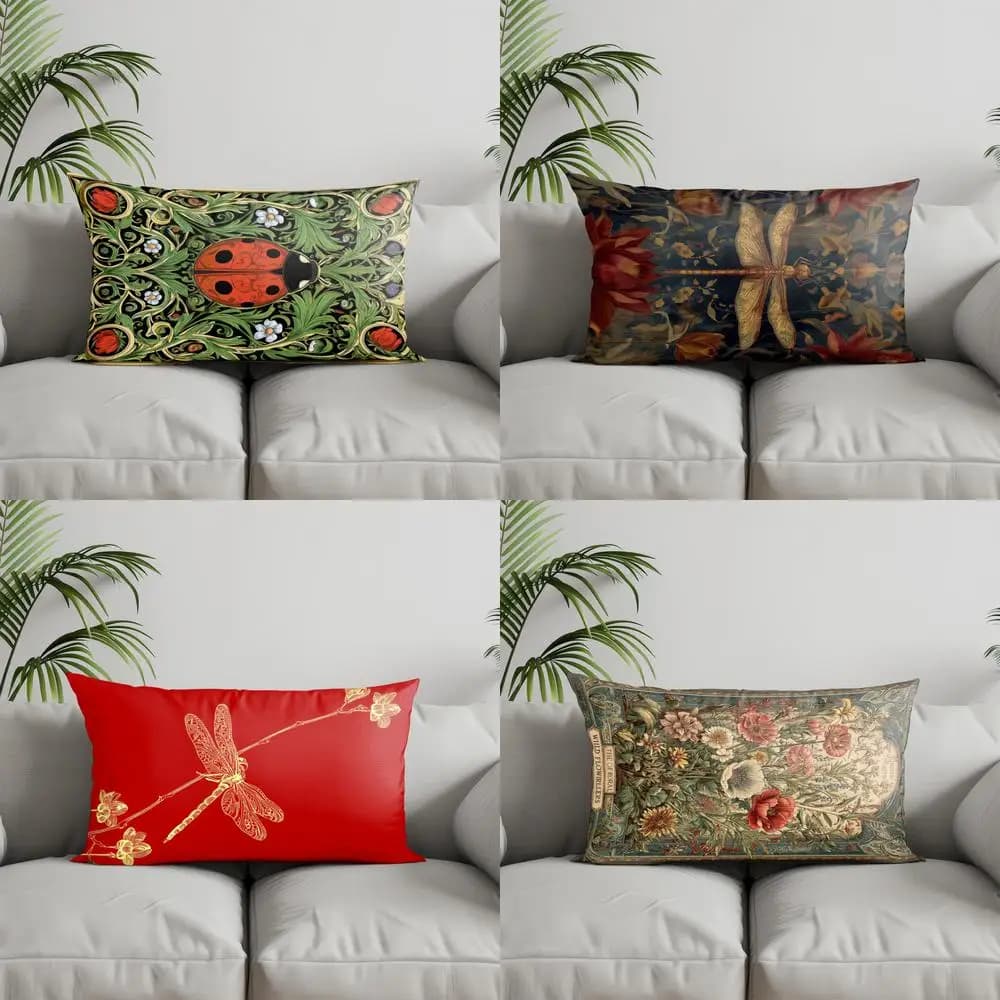 Home Decor Ladybug & Floral Decorative Pillow Suitable For Sofa Bedroom Car Pillow Cover Cushion Rectangular Back Cushion