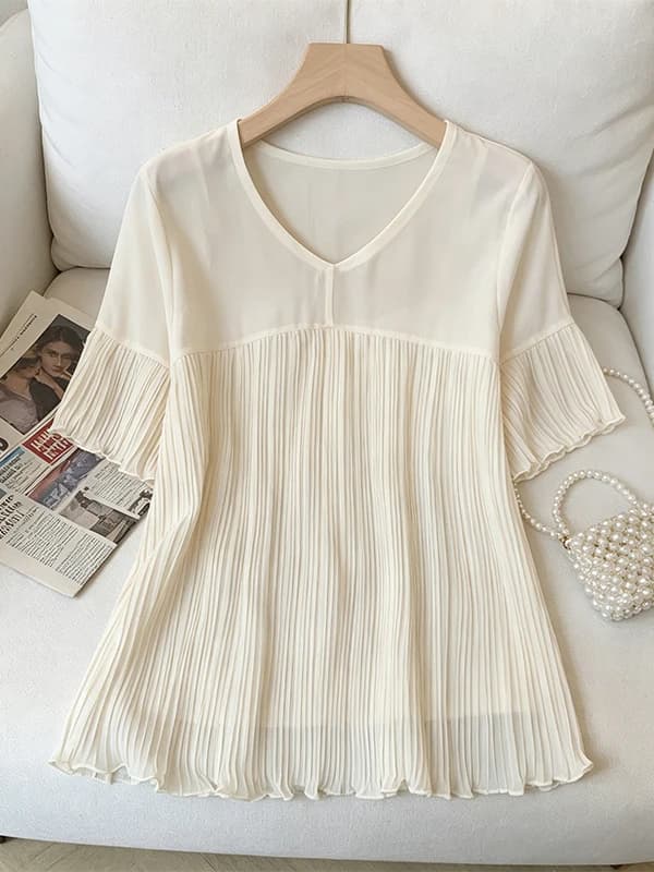 Elegante Camicetta Estiva da Donna con Scollo a V e Pieghe, Top in Chiffon alla Moda a Maniche Corte, che Copre la Pancia, Blusa Plus Size dal Design Distintivo