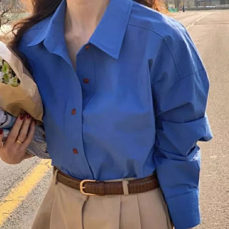 Primavera Autunno Nuovo Stile Risvolto Camicette a maniche lunghe Abbigliamento da donna Stile occidentale Tinta unita Semplice Baidu Button Camicie coreane