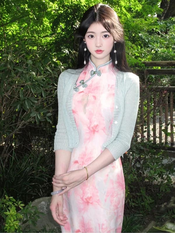 New Chinese Style Pink Gradient Buttonless Sleeveless Dress Elegant Proper Waist-Cinching Improved Mid-Length Skirt...