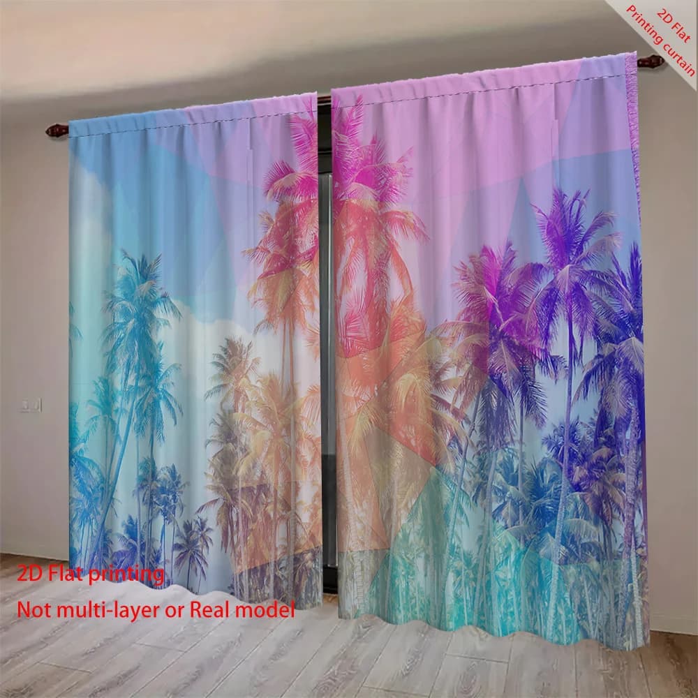 Coconut tree sea view printed curtains, home decor, bedroom, living room, dormitory, and office sunshade curtains