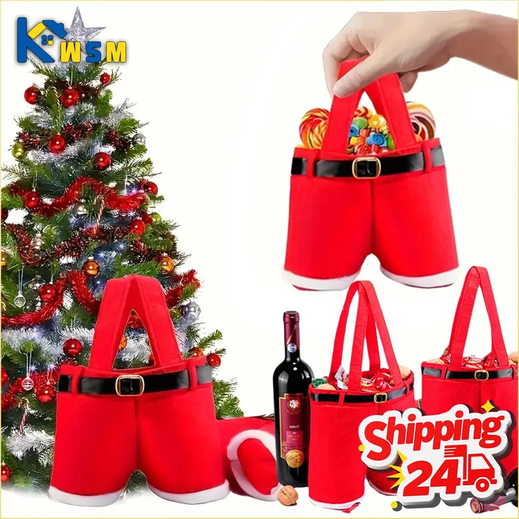 Christmas Santa Shorts Gift Bags Candy Toy Tote Bags Wine Bottle Holder Reusable Holiday Party Favor Xmas Decoration Supplies