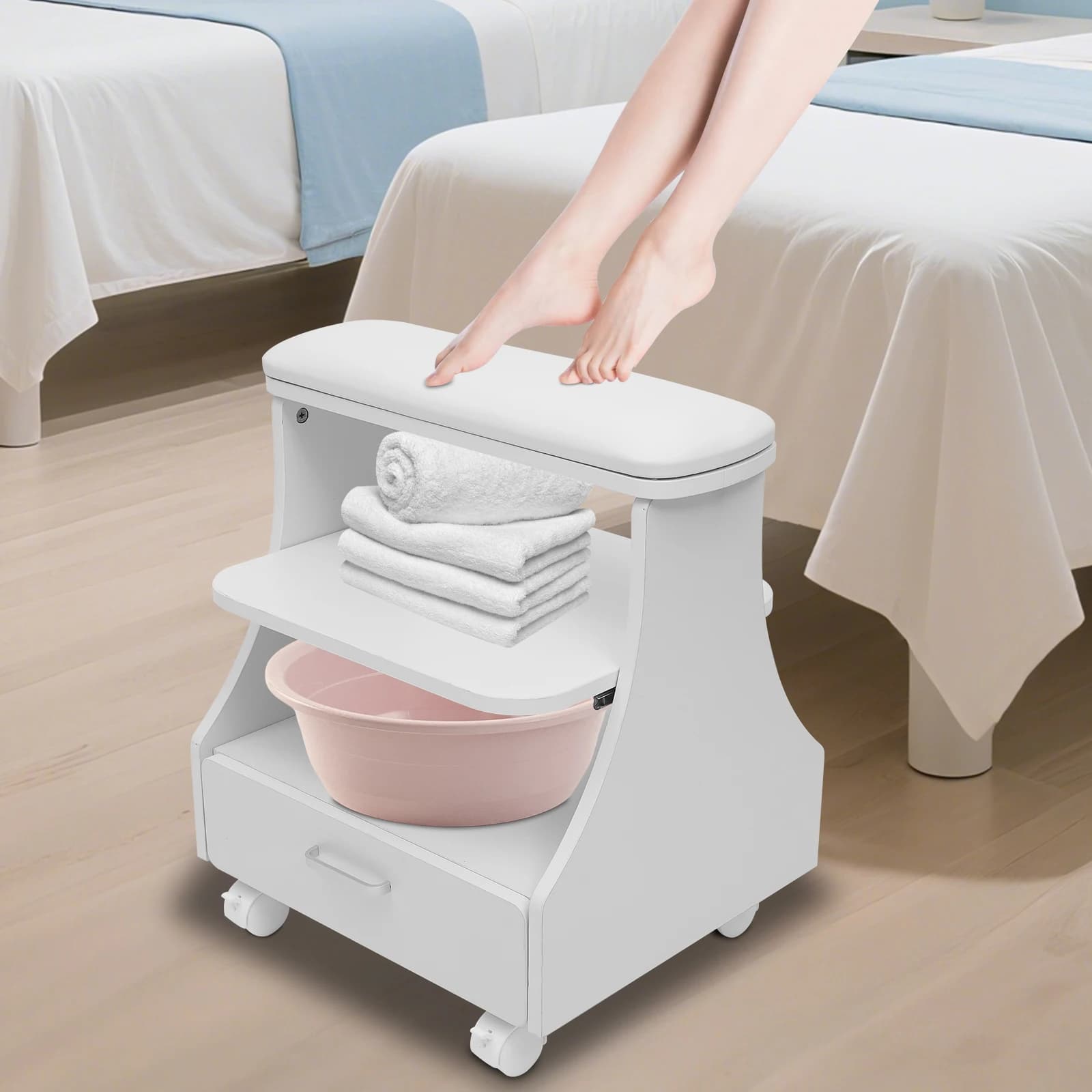 Poggiapiedi Sgabello per pediluvio con ruote Carrello per unghie per salone di bellezza Mobili per manicure per pedicure Massaggio ai piedi Cura delle unghie dei piedi