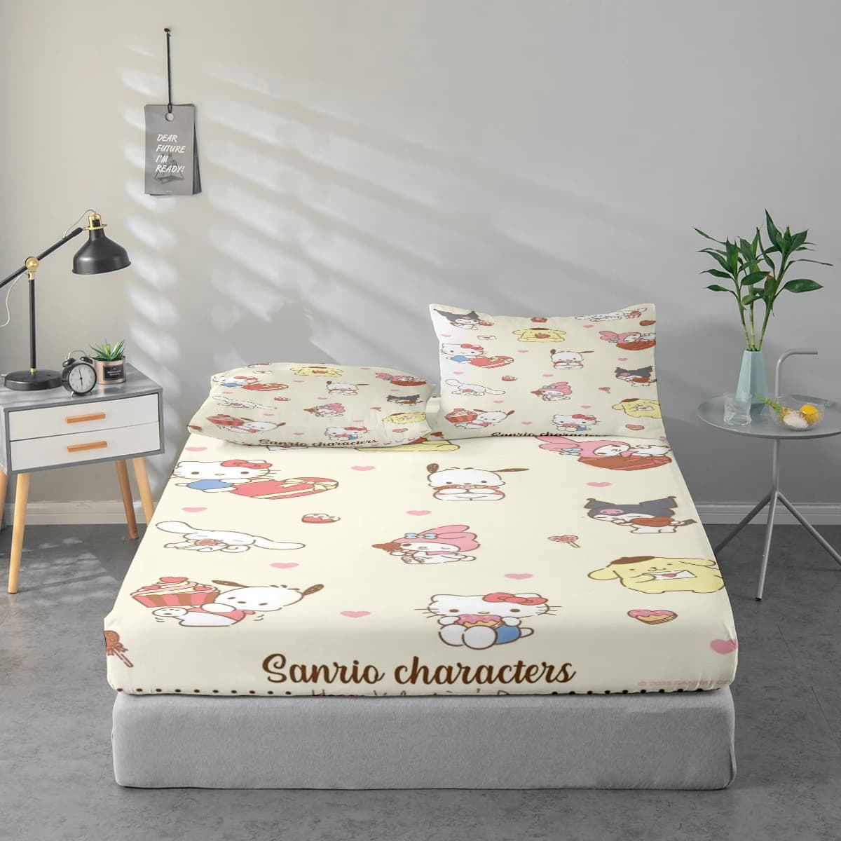 Set di lenzuola con stampa digitale ad alta definizione in 3 pezzi, set di lenzuola con motivo personaggi dei cartoni animati Sanrio, set di lenzuola con stampa floreale grande, include 1 lenzuolo con angoli + 1/2 federe, adatto per camera da letto, camera degli ospiti, decorazione domestica, lenzuolo con angoli in fibra di poliestere + federa, biancheria da letto ultra morbida, tessuto spesso ultra morbido, confortevole per tutte le stagioni, lavabile in lavatrice