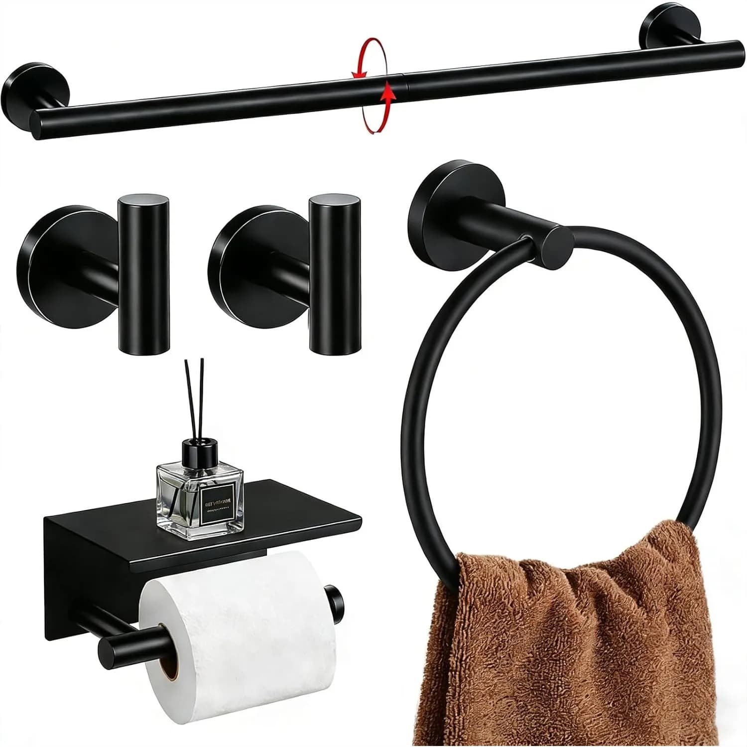 Set di accessori da bagno neri opachi da 5 pezzi, portasciugamani da parete da 24 pollici, porta carta igienica con ripiano, acciaio inossidabile
