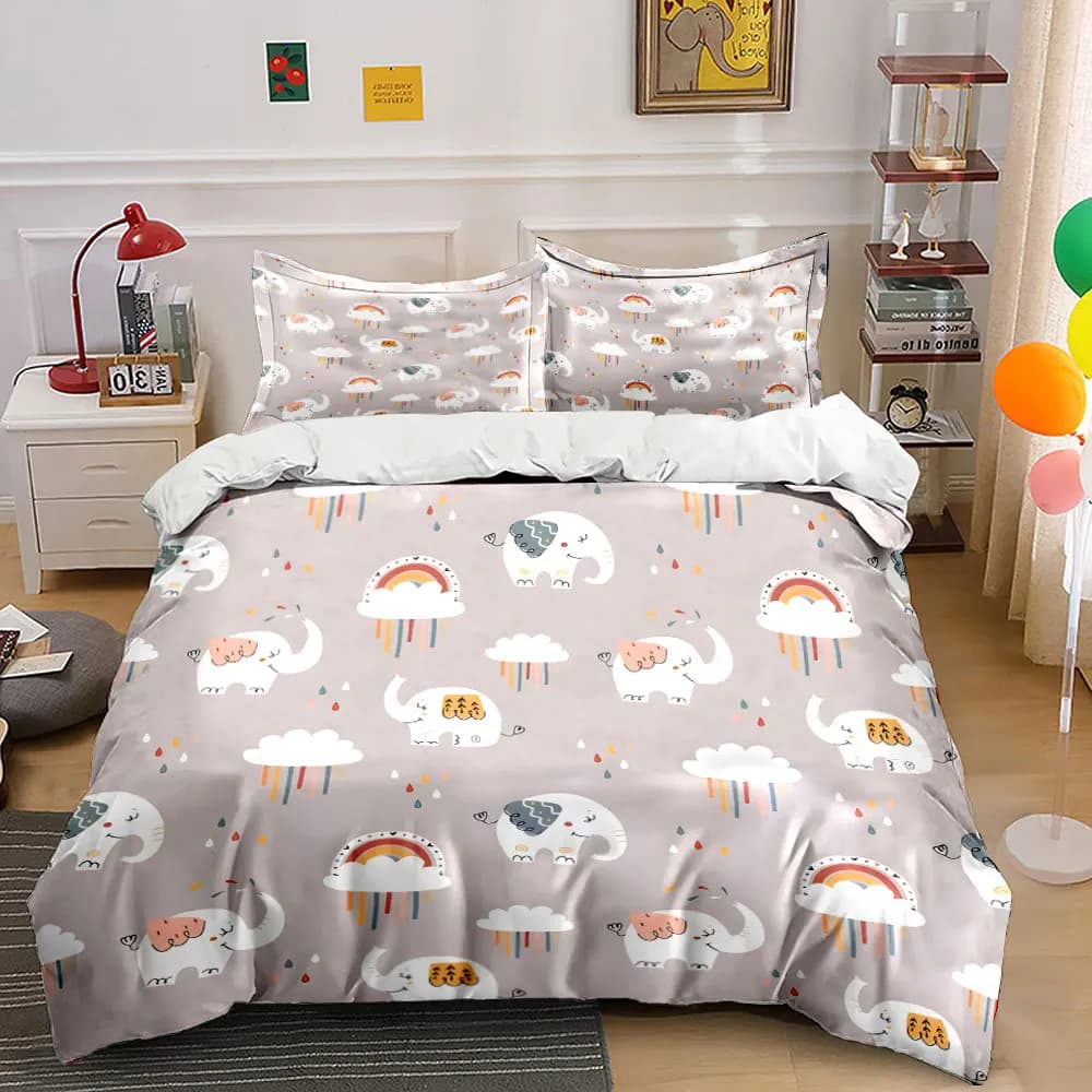 Set copripiumino con motivo elefante, nuvole e gocce di pioggia, stampa digitale, biancheria da letto colorata in poliestere con chiusura a cerniera, ideale come regalo.