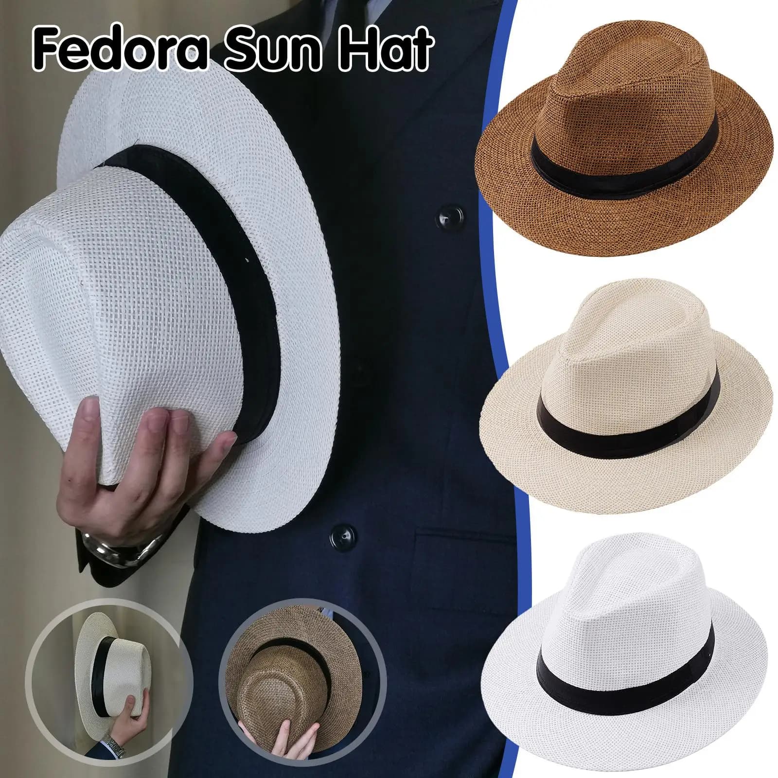 Cappello Panama Estivo da Uomo in Paglia Naturale alla Moda, Cappello da Spiaggia con Protezione Solare, Cappello Casual da Cowboy/Gangster con Nastro per Esterni 2026