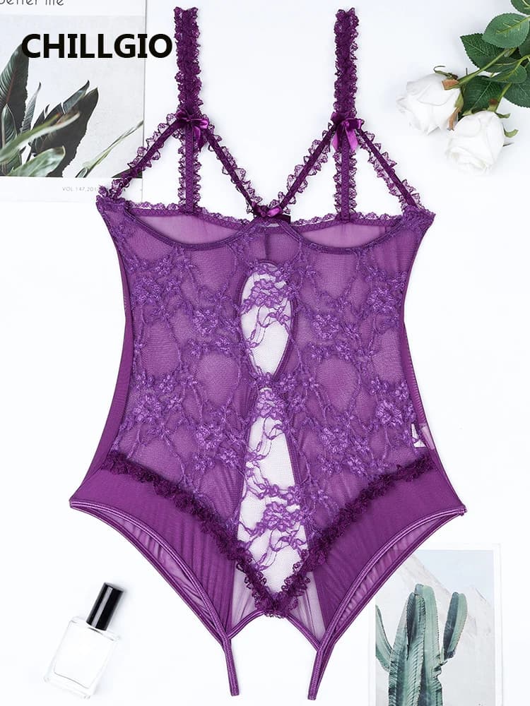 CHILLGIO Sexy Crotchless Viola Lingerie Donna Pizzo Hollow Tuta Oversize Pigiama Erotico Sheer Bodycon Combinazione Tute
