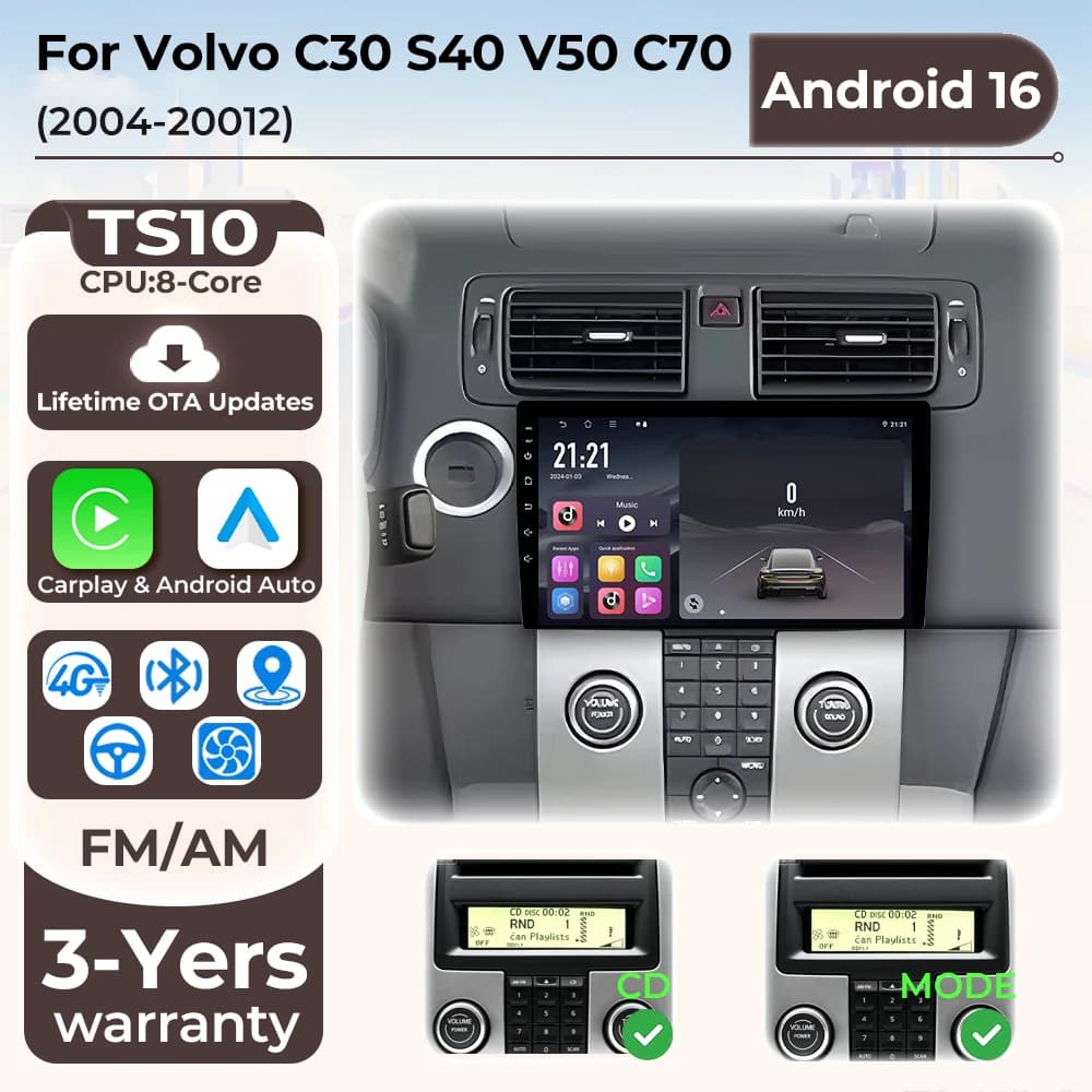 Autoradio con Schermo Carplay per Volvo C30 S40 V50 C70 2004-2012, Android Auto, BT, Stereo, Lettore Multimediale per Auto