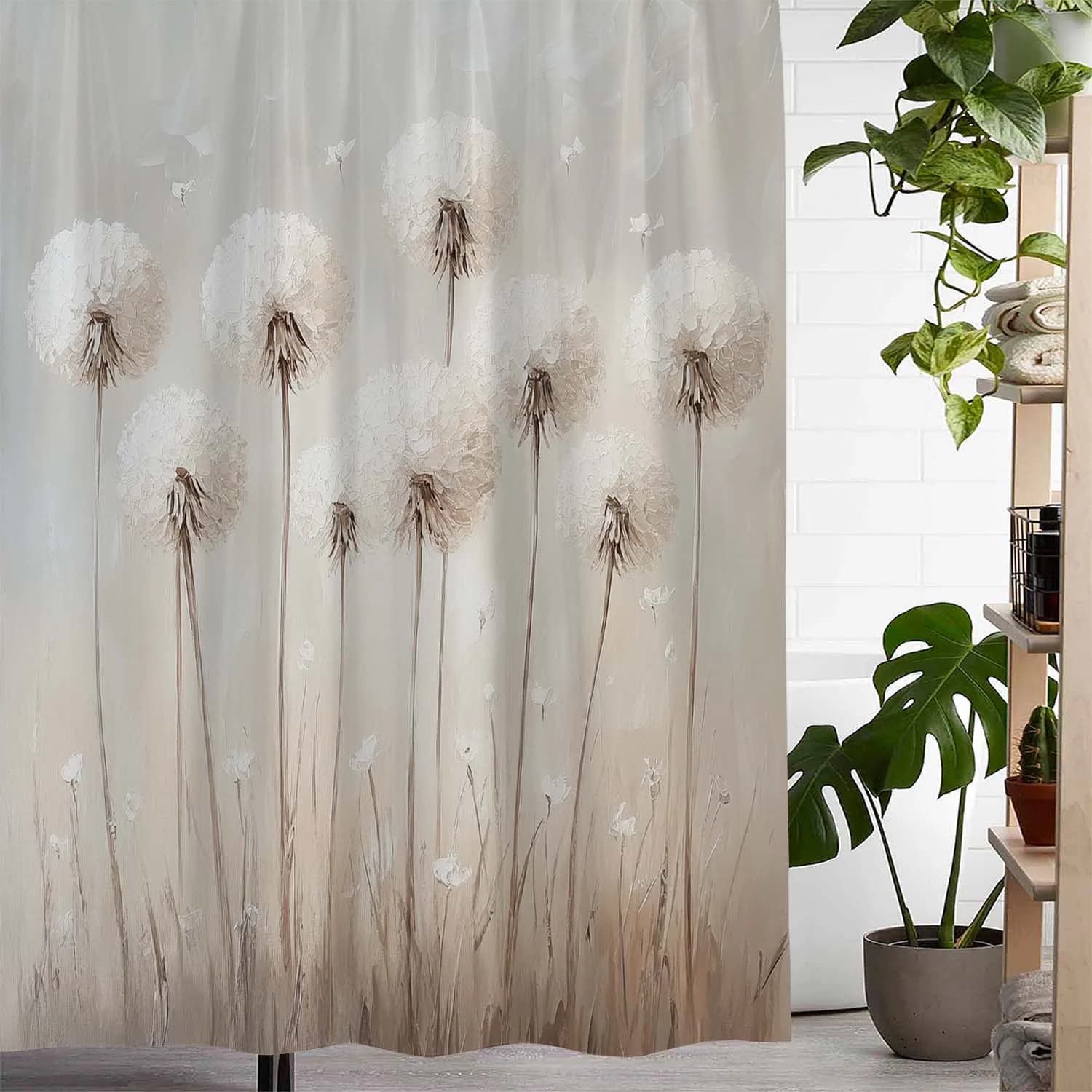 Elegant tent with taraxac printing - Beige soft with white flowers and seeds, polyester, 12 hooks, perfect for bathroom furniture/bedroom