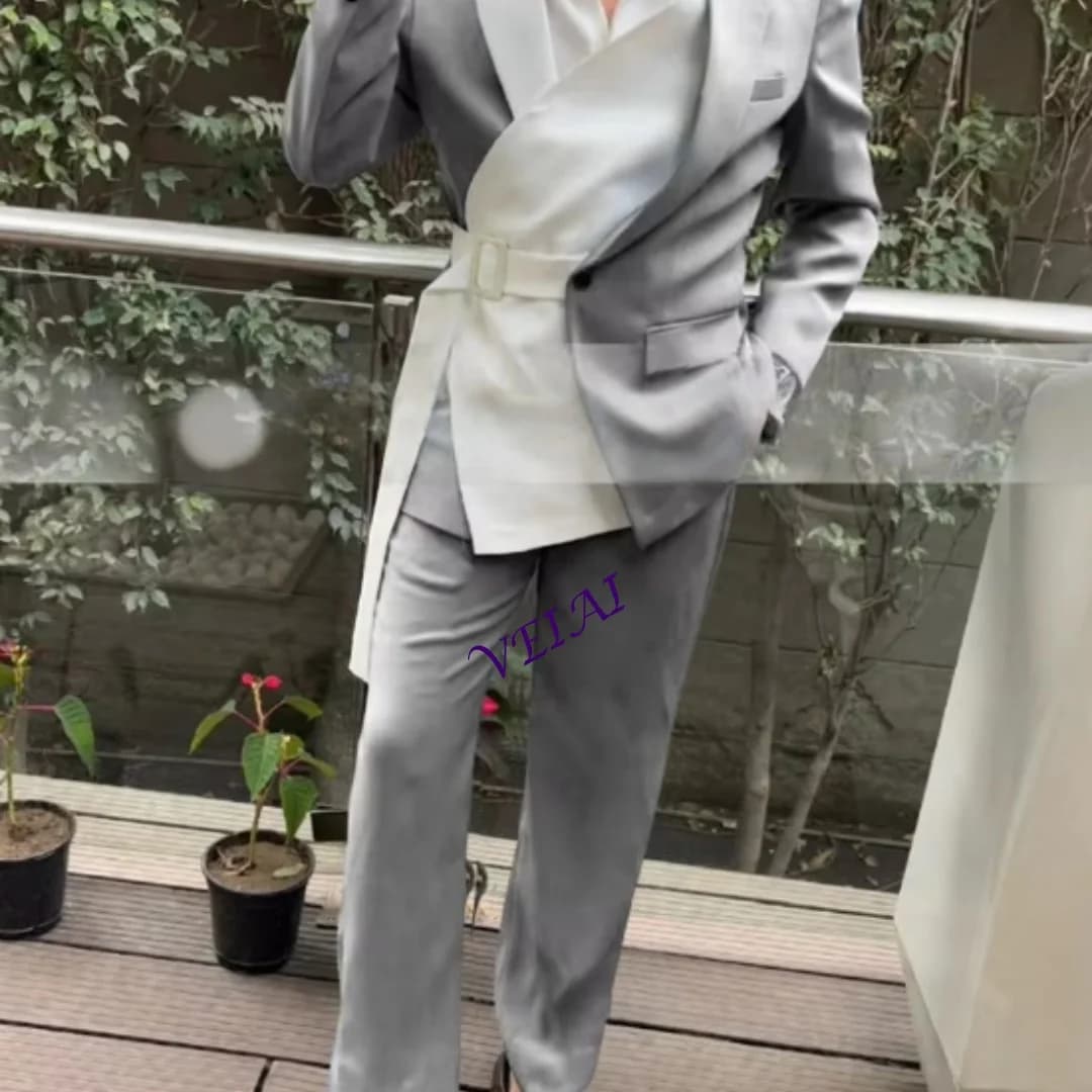 Completo da Uomo Haute Couture 2 Pezzi Blu e Bianco con Giacca e Pantaloni Slim Fit per Matrimoni, Cocktail, Cene, Banchetti, Compleanni, Personalizzabile
