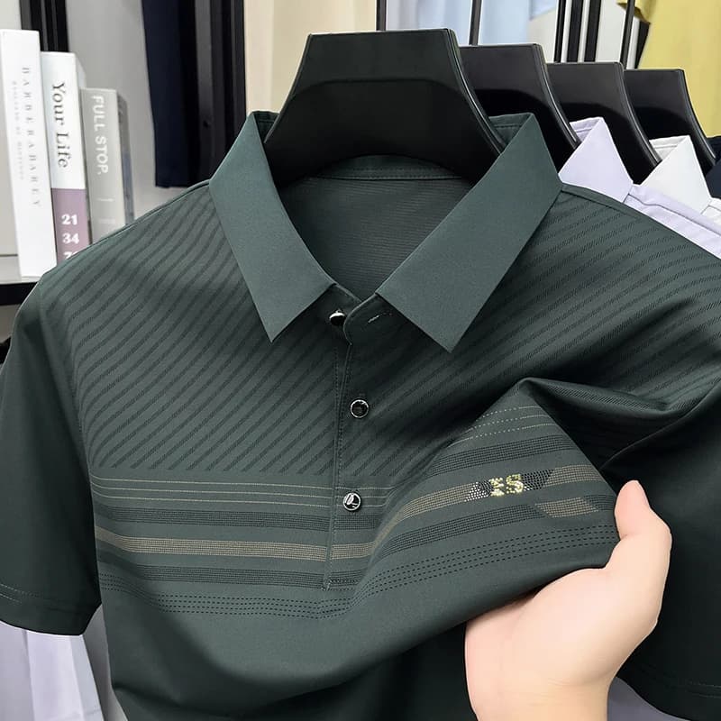 TFETTERS 2026 T-shirt da uomo estiva a righe, ad asciugatura rapida, leggera, a maniche corte, da golf, con risvolto, elasticizzata, confortevole