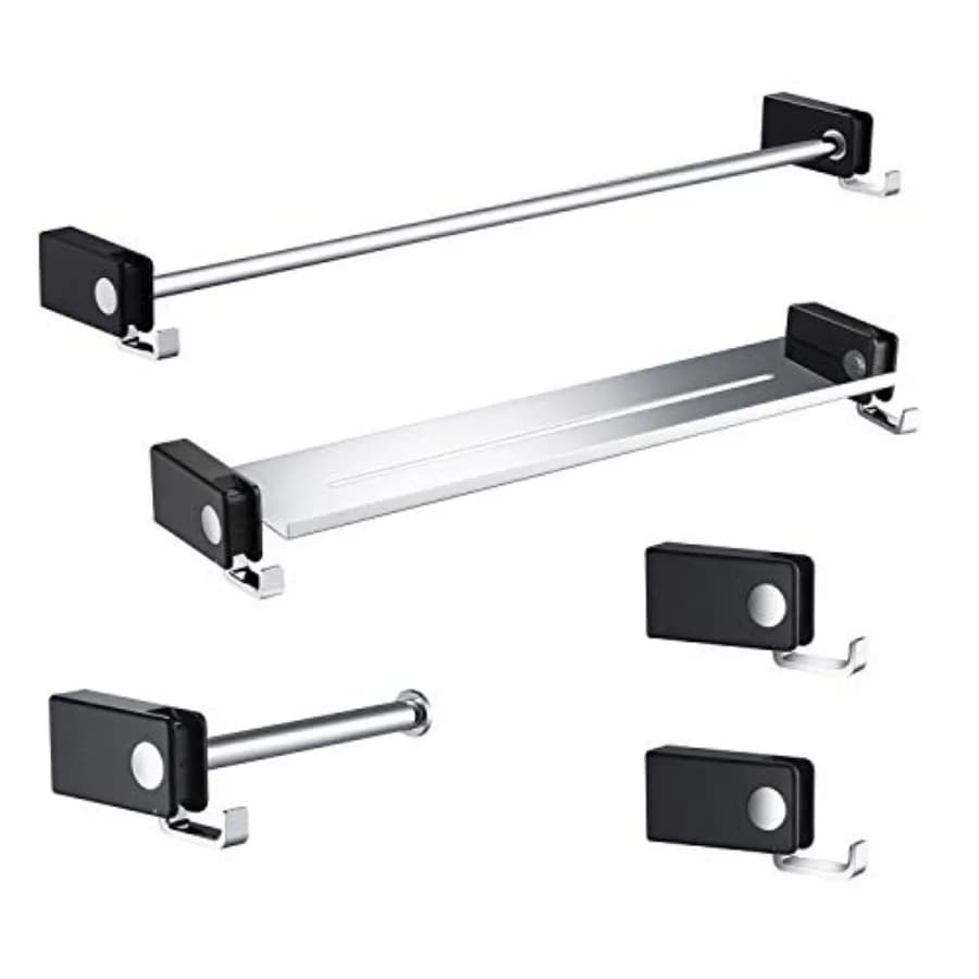Set di Accessori da Bagno a Parete: Cromato Nero, 5 Pezzi - Porta Asciugamani, Anello Porta Asciugamani, Porta Carta Igienica, Gancio per Accappatoio, Doppio Gancio in Acciaio Inox Resistente