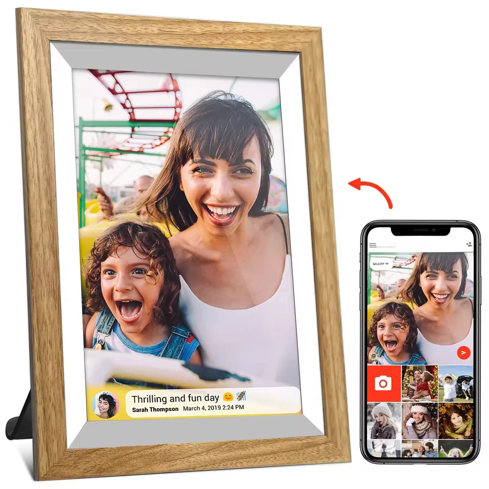 Cornice Digitale WiFi Frameo con Custodia Gialla in Legno, 32GB di Memoria, Cornici Portafoto Digitali Frameo, Regali di Natale dalla Fabbrica N.1, 10.1 Pollici