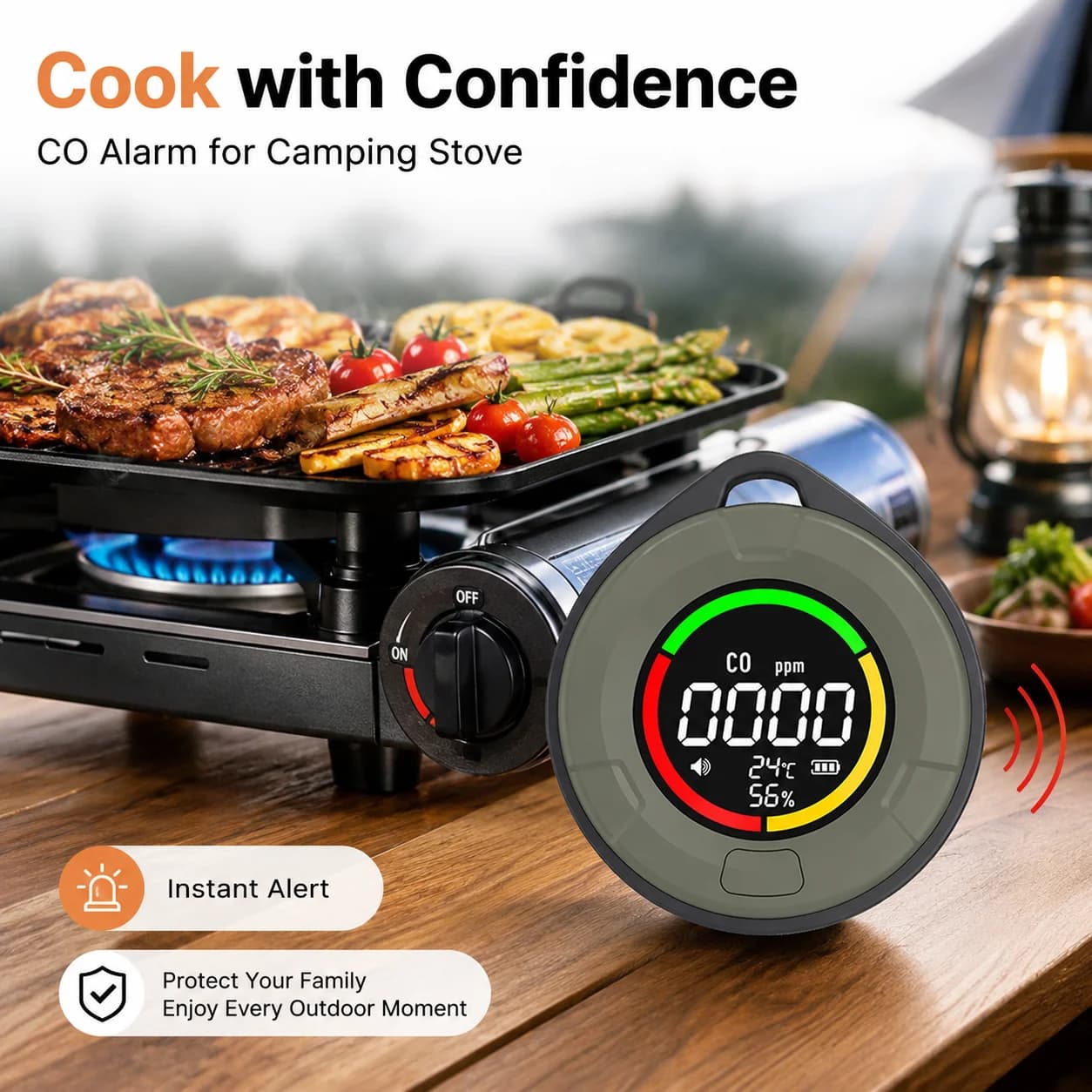 3 in 1 Portable CO Detector Carbon Monoxide Alarm Digital Screen Temperature Humidity Rechargeable for Camping Travel Indoor Use