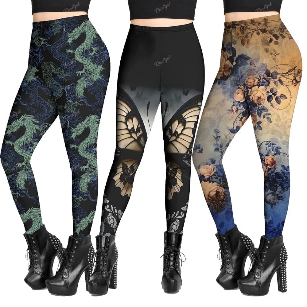 Gothic Women's Leggings Ombre Butterfly Galaxy, Dragon Cloud Print, Distressed Rose Flower Leaf Printed High Stretch Skinny Pant