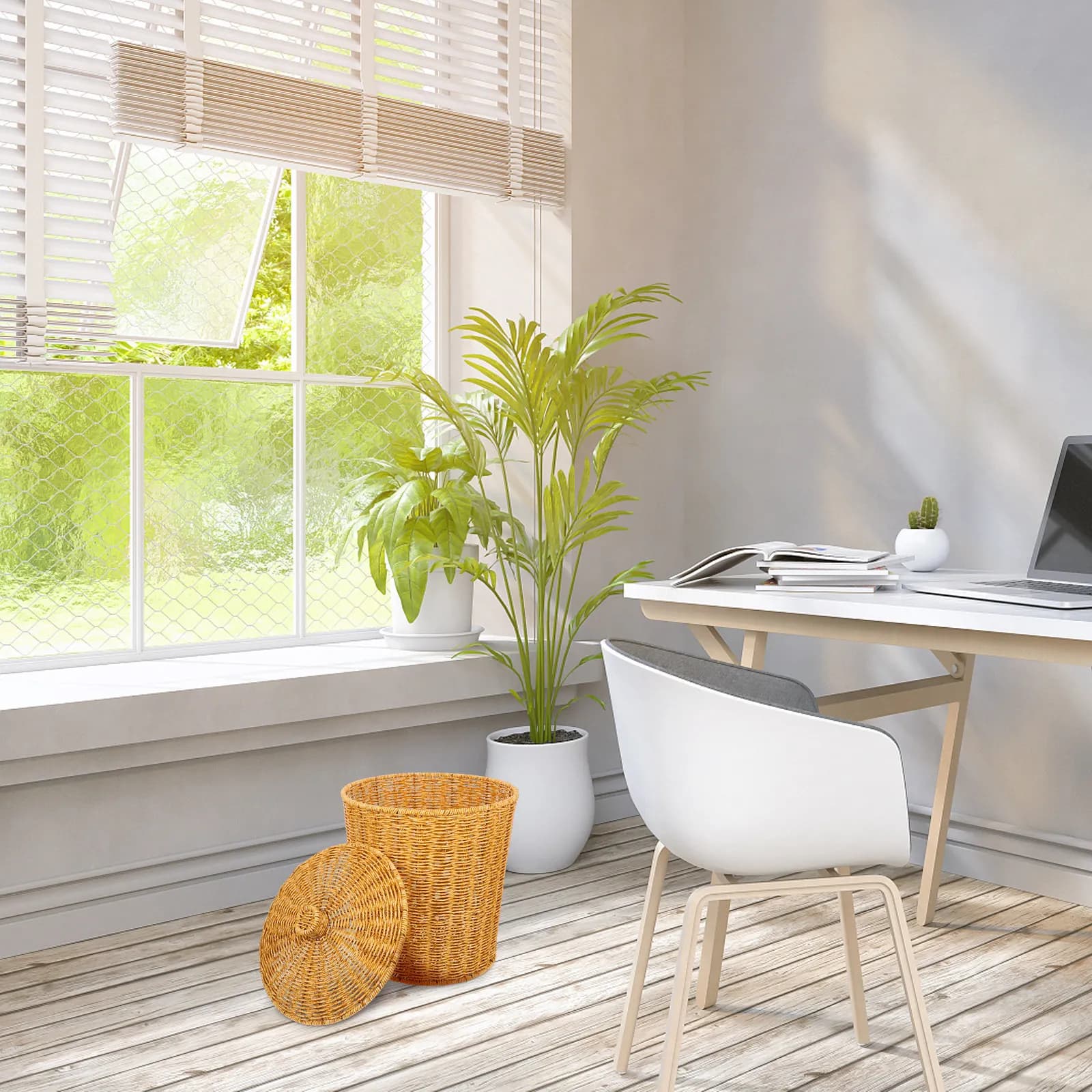 Cestino per Rifiuti Rustico in Plastica Intrecciata, Contenitore per Camera da Letto, Lavanderia, Organizzazione Vestiti e Oggetti Vari, Contenitore per Casa