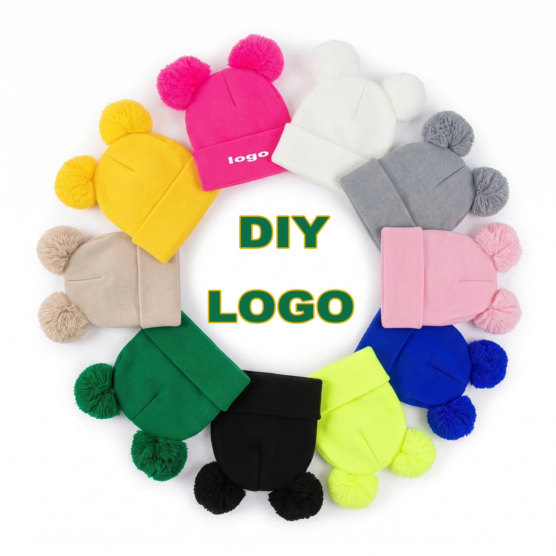 Custom Logo Print Winter Cute Double Pom‑Pom Knitted Beanie Solid Color Warm Pullover Hat Women Girls Daily Headwrap Beanie Cap