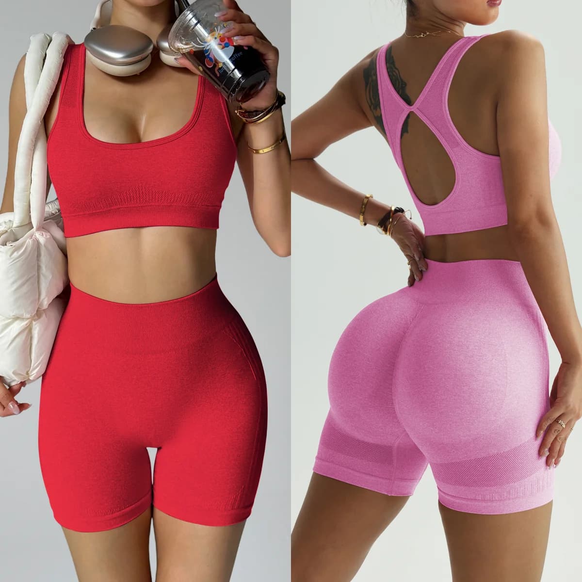 Set Due Pezzi Senza Cuciture per Yoga, Reggiseno Sportivo e Leggings a Vita Alta, Pantaloni da Corsa e Palestra per Donna