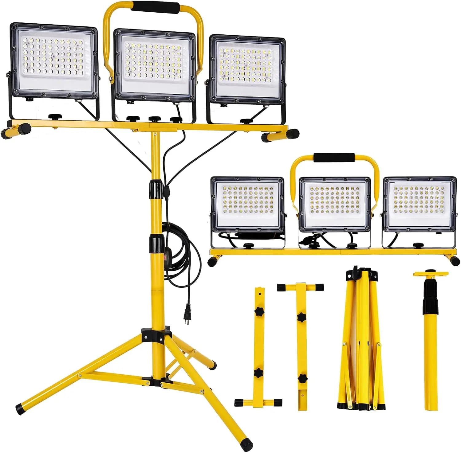 Fari da Lavoro LED da 30000 Lumen con Testa Regolabile, Treppiede Pieghevole Impermeabile, Certificazione IP66 per Cantieri e Uso Esterno