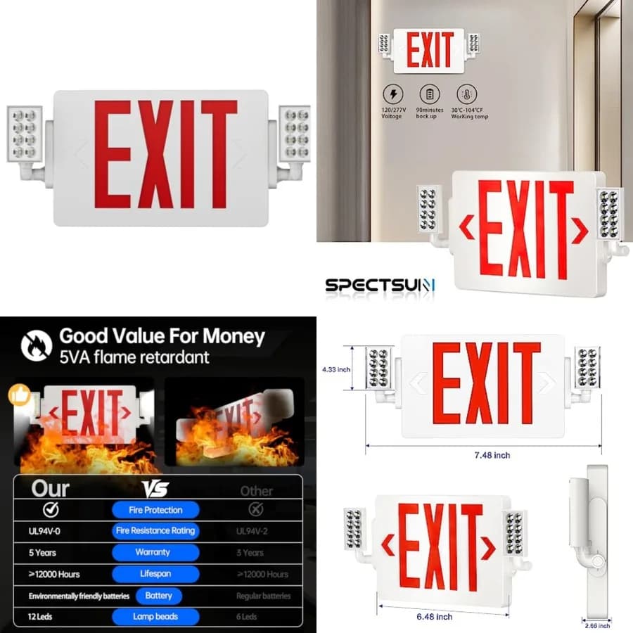 Spective Sun - Confezione da 1 Segnale di Uscita con Luci di Emergenza, Due Teste LED Regolabili, Luce di Emergenza con Batteria di Backup, Certificazione UL