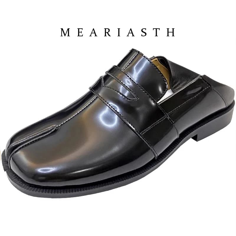Black Leather Tabi Shoes Painted with Women's Dividing Point, Lightweight Anti-slip Moccasins with Round Toe, Wide Width, Casual and Carini, also for Men