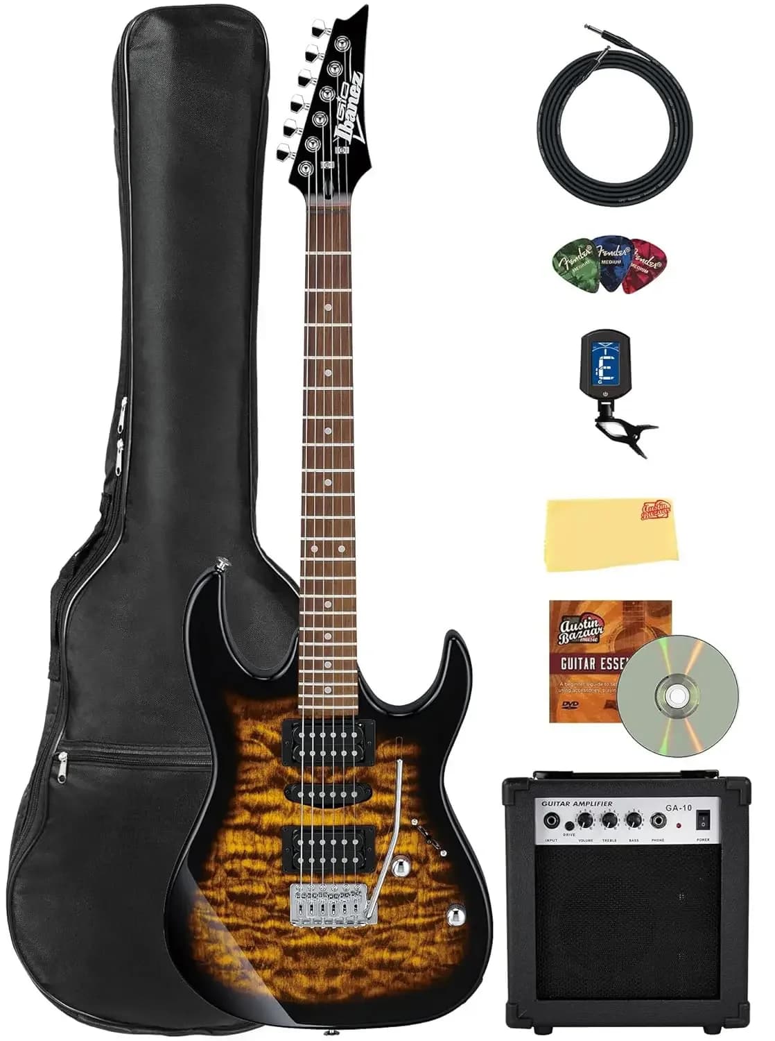 Chitarra Elettrica RG Gio GRX70QA - Bundle Sunburst con Amplificatore, Borsa da Trasporto, Accordatore, Cavo, Plettri, Austin Bazaar, Personalizzata