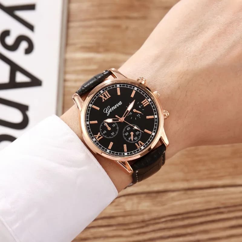 Orologio da Uomo Stile Lusso Geneva, Cassa in Metallo, Cinturino in Pelle, Cronografo al Quarzo per Occasioni Business e Casual