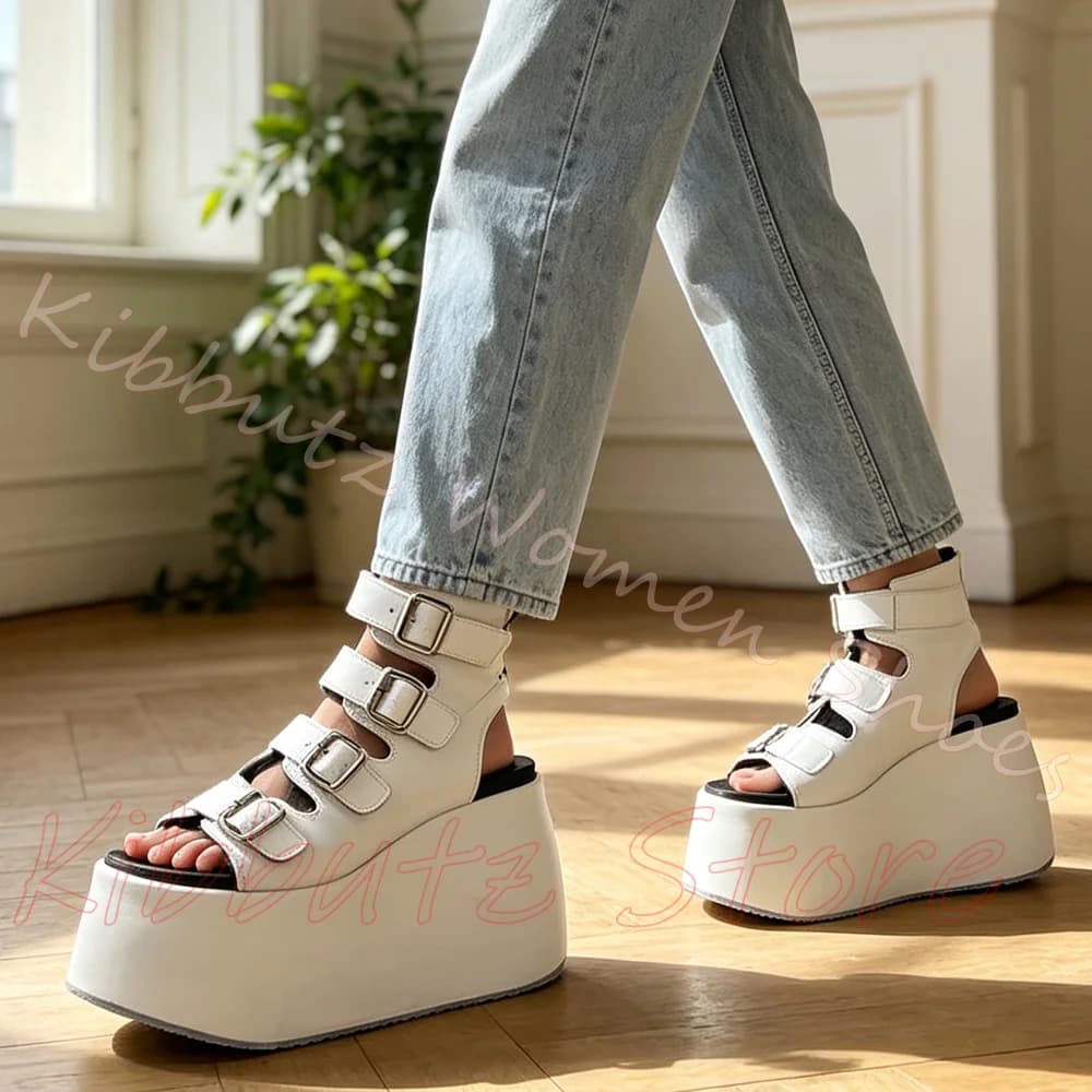 Belt Buckle Rome Sandals Platform Round Toe Thick Bottom Leather Solid Color Fashion Elegant Comfortable Sexy Women Shoes Newest