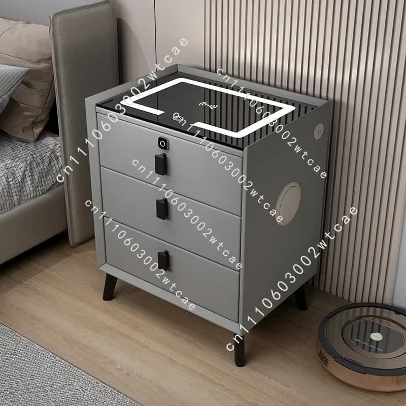 3 Drawers Smart Bedside Table with Fingerprints Lock Hotel Nightstands with Wireless Charging Solid Wood Bedroom End Table