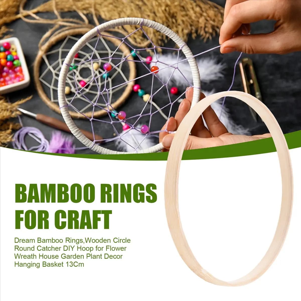 KSOL Dream Bamboo Rings,Wooden Circle Round Catcher DIY Hoop for Flower Wreath House Garden Plant Decor Hanging Basket 13Cm