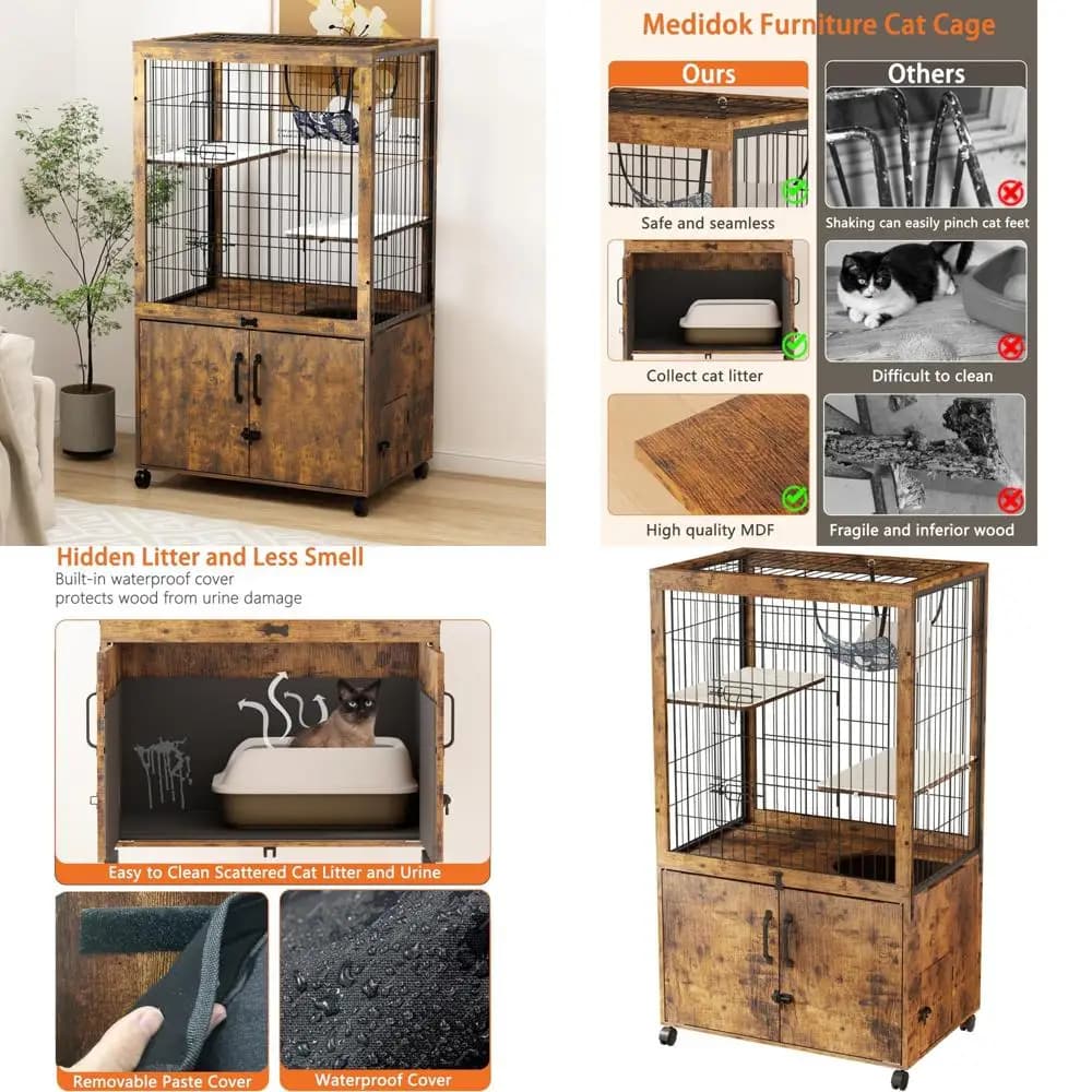 Gabbie per gatti da interno con contenitore per lettiera in legno, copertura per urina incorporata e box per gatti