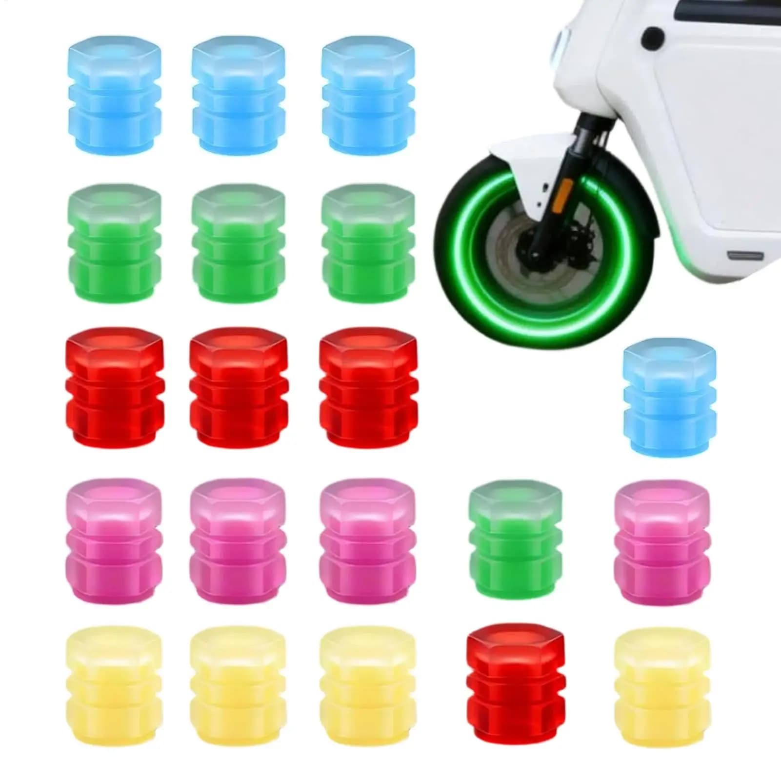 Tappi per valvole pneumatici fluorescenti che si illuminano al buio, 20 pezzi, copri-valvole antipolvere per bici, biciclette, moto, auto, fuoristrada