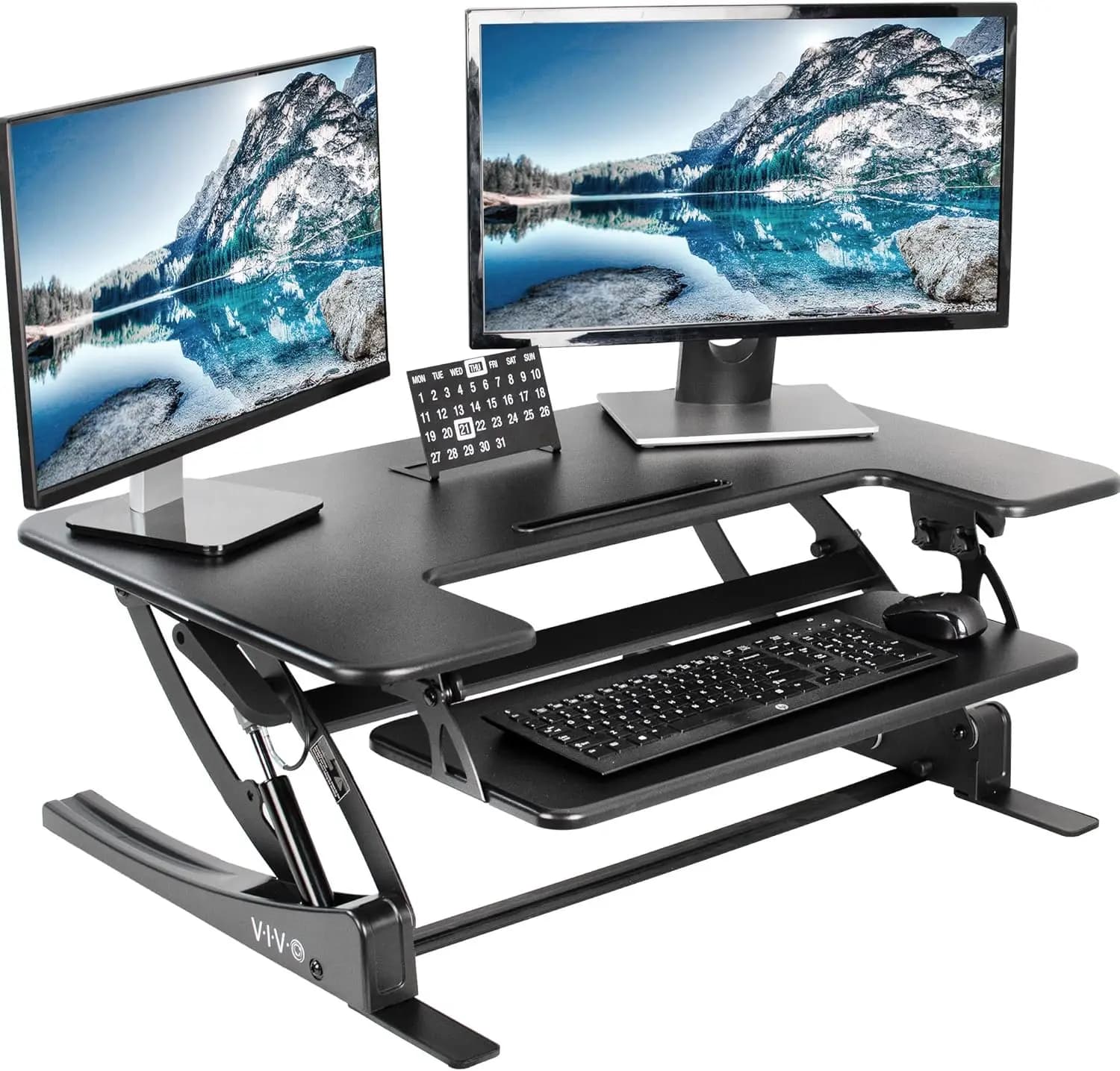 36 inch height adjustable desk converter, V series, work station with double table monitor for quick passage from sitting to standing, black
