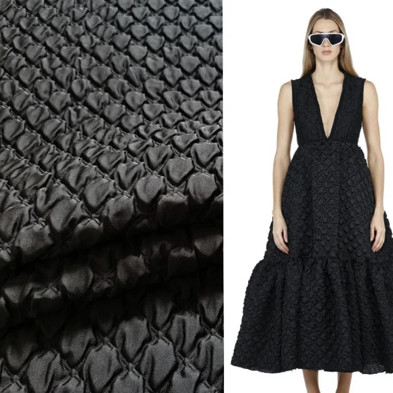 Jacquard Brocade Fabric Diamond Dark Pattern Thickened Quilted Dress Trench Coat Cotton Jacket Pure Black Fashion Cloth