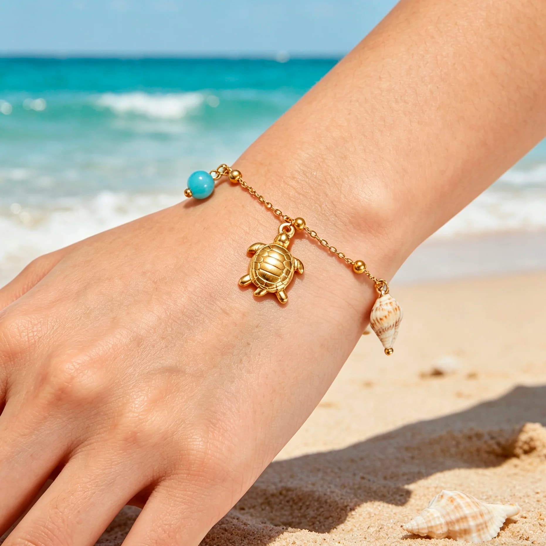 Braccialetti in acciaio inossidabile placcati oro 18 carati con ciondoli a forma di tartaruga, cavalluccio marino e pesce per donna, in offerta speciale per l'estate, gioielli da spiaggia, idea regalo.