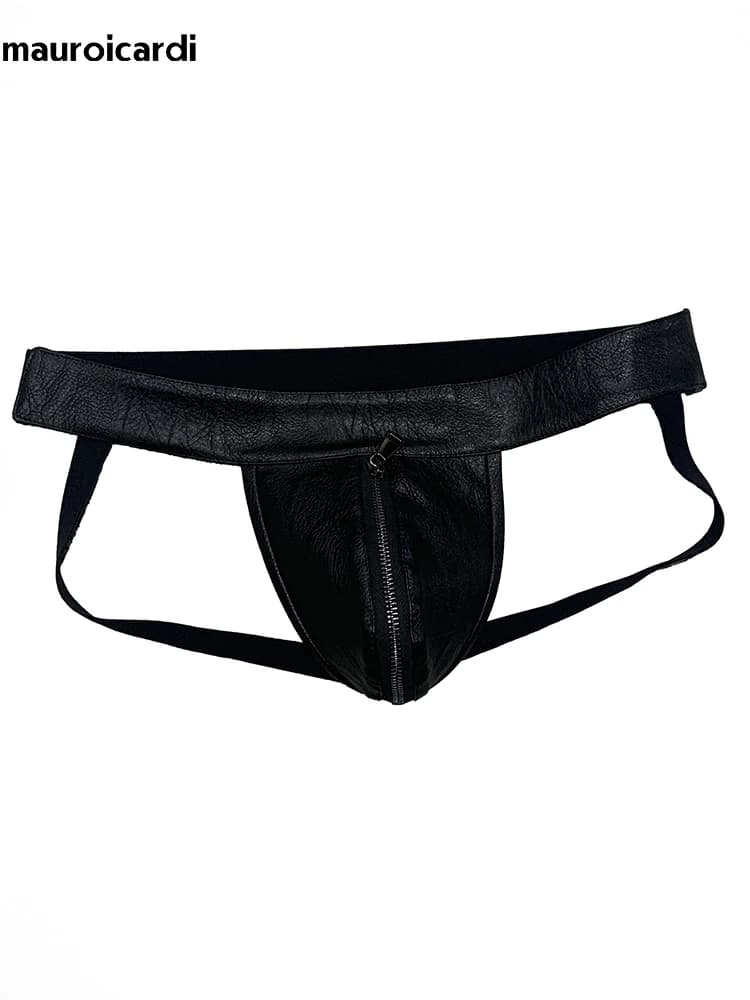 Pantaloncini in pelle PU nera primavera estate per uomo Vita elastica Designer di lusso Emo Punk Style Abbigliamento Intimo da uomo Perizoma sexy