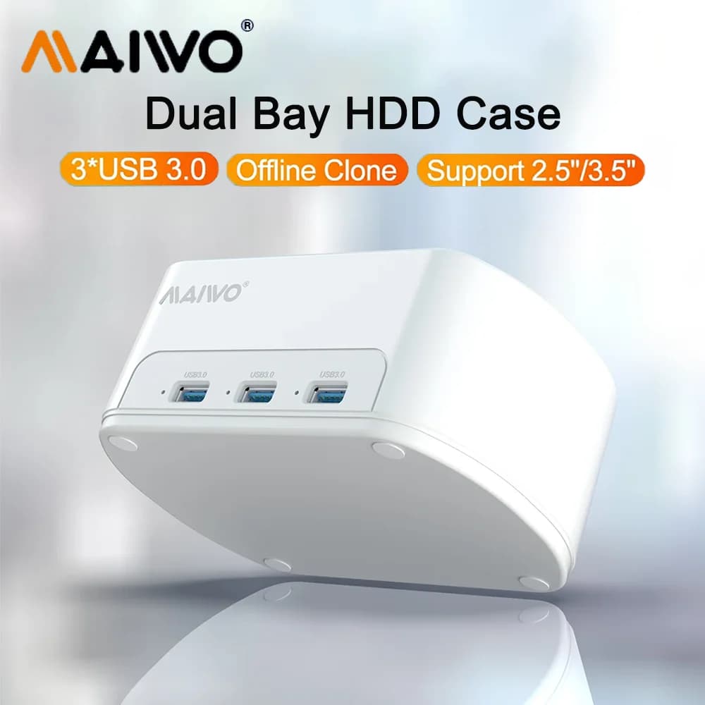 Custodia SSD MAIWO a 2 vie per docking station per disco rigido da 2,5 3,5'' con supporto per lettore esterno SATA HDD SSD da 48 TB/clone offline