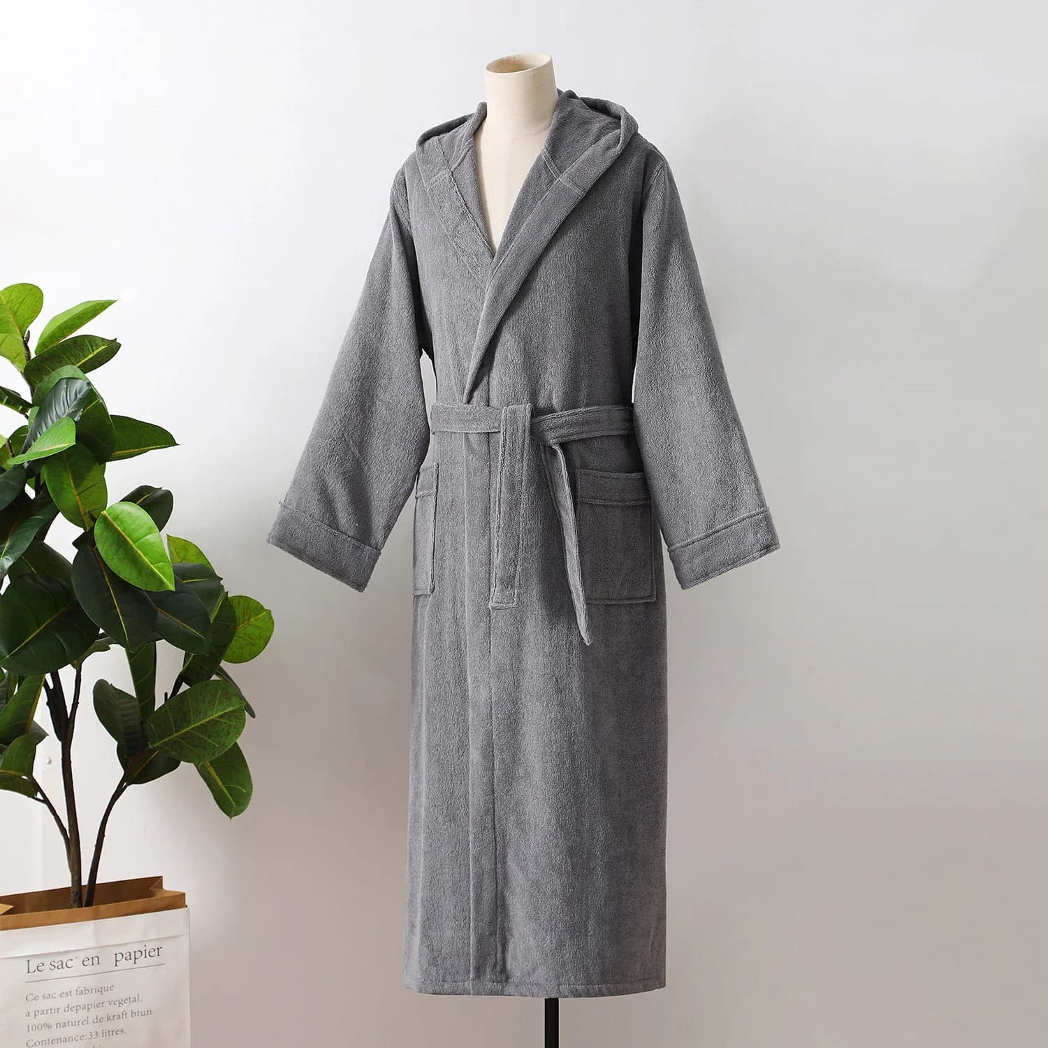Long cotton bathrobe with hood, thick grey kimono, warm and soft for men and women, comfortable to wear winter for the house