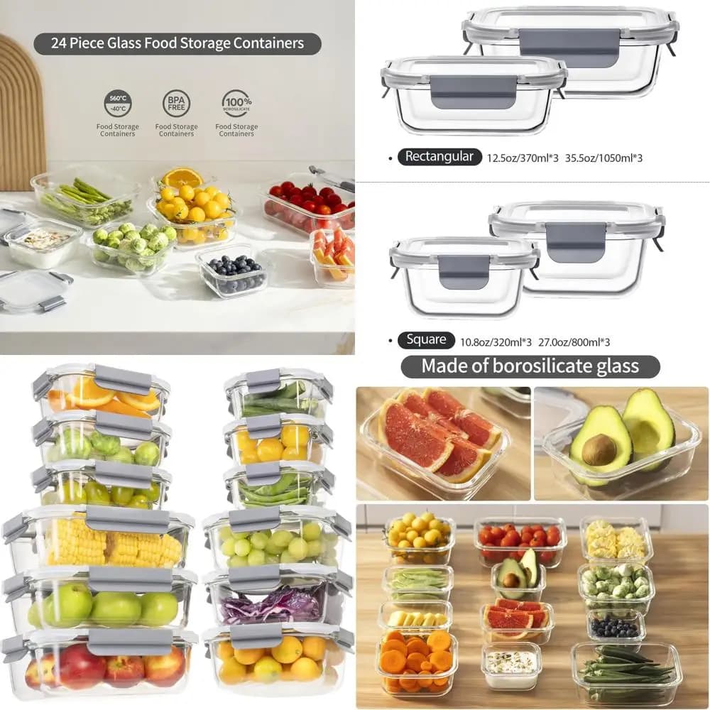 Set di 24 contenitori per alimenti in vetro ermetici con coperchi, contenitori per il pranzo per la preparazione dei pasti, contenitori da cucina senza BPA